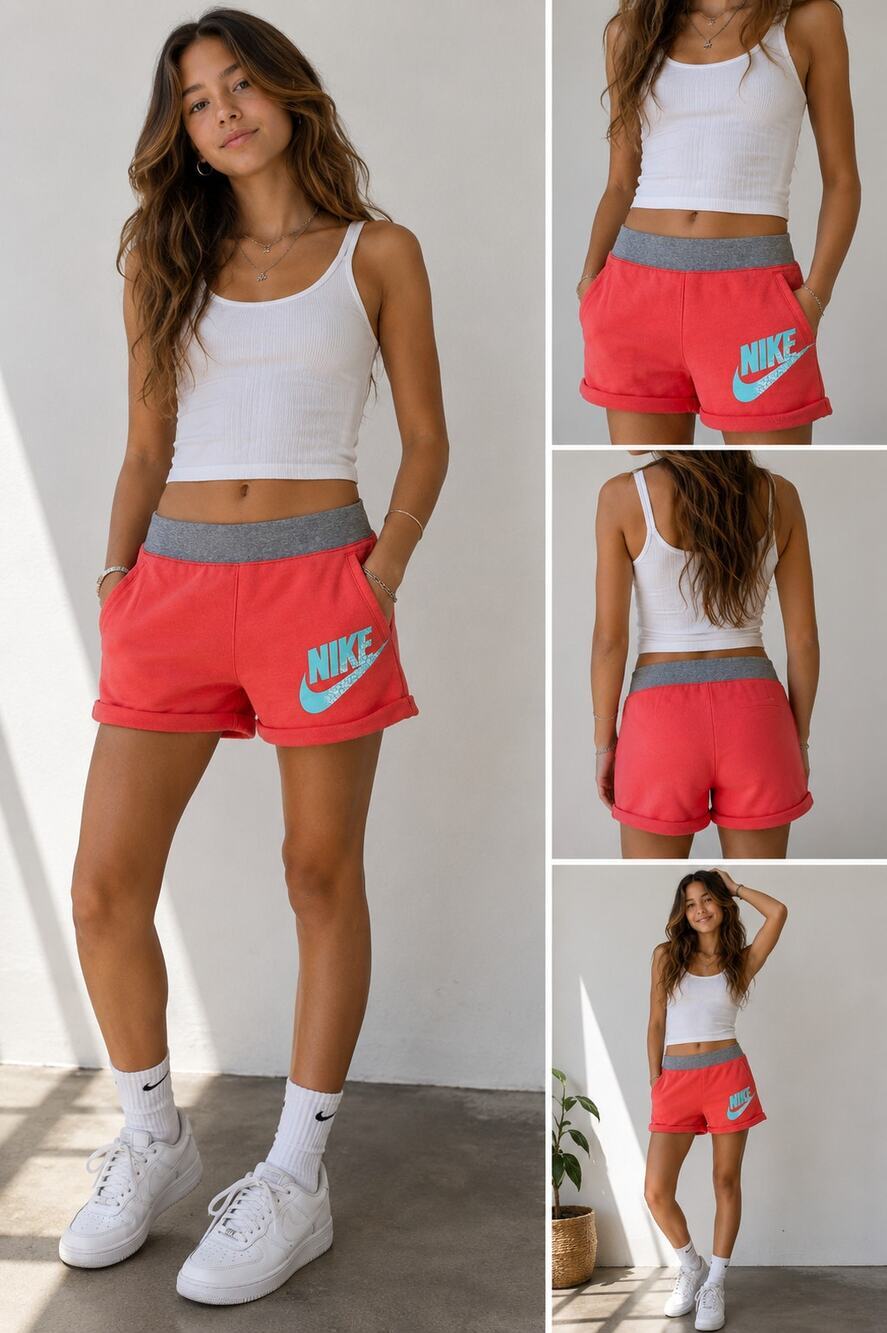 Nike Girls Coral Pink Fleece Shorts Medium M Retro Logo Sweat Shorts Pockets Y2K